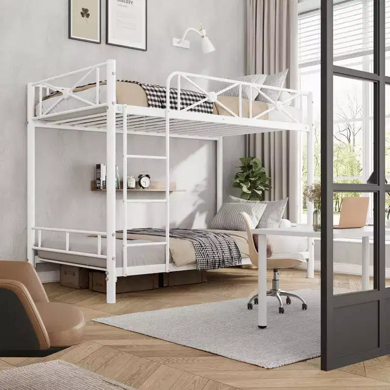 Black / Grey / White Floral Metal Twin Over Twin Bunk Bed for 2