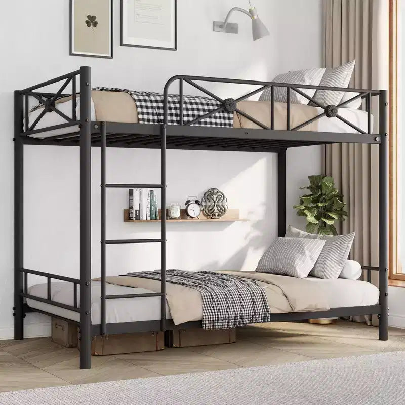 Black / Grey / White Floral Metal Twin Over Twin Bunk Bed for 2