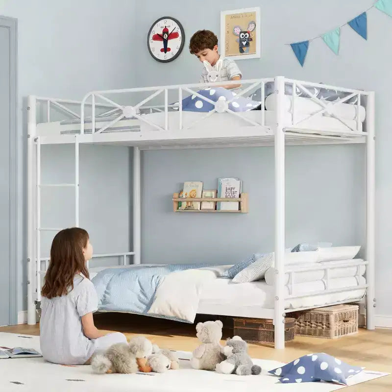 Black / Grey / White Floral Metal Twin Over Twin Bunk Bed for 2
