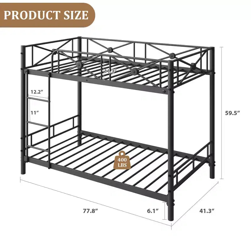 Black / Grey / White Floral Metal Twin Over Twin Bunk Bed for 2