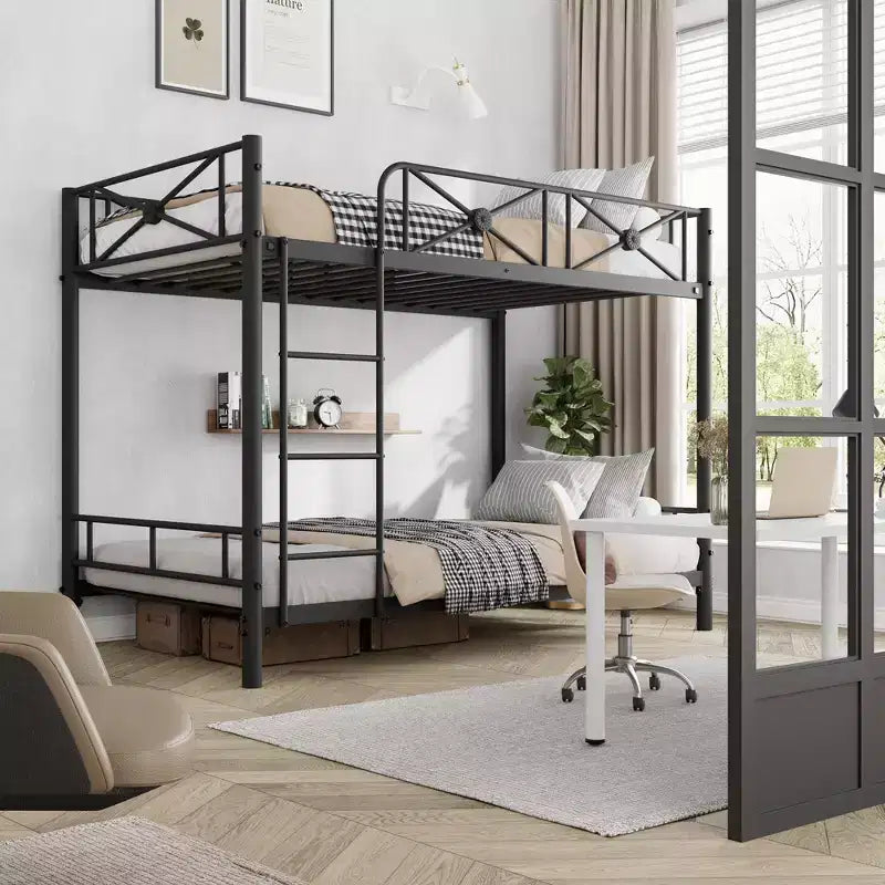 Black / Grey / White Floral Metal Twin Over Twin Bunk Bed for 2