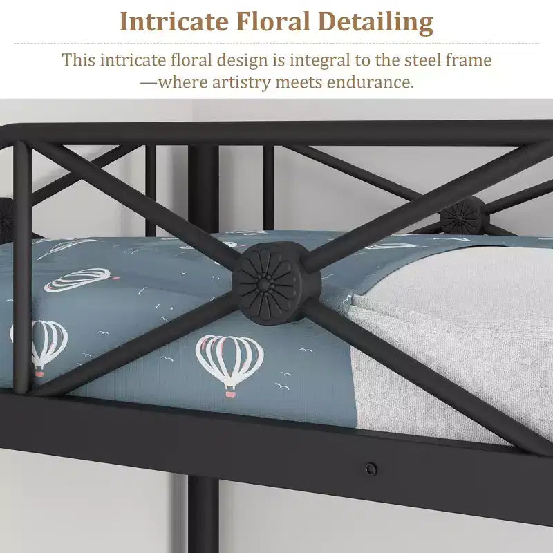 Black / Grey / White Floral Metal Twin Over Twin Bunk Bed for 2