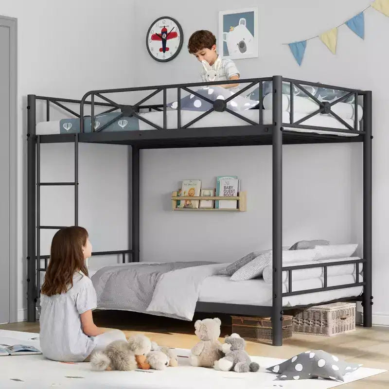 Black / Grey / White Floral Metal Twin Over Twin Bunk Bed for 2