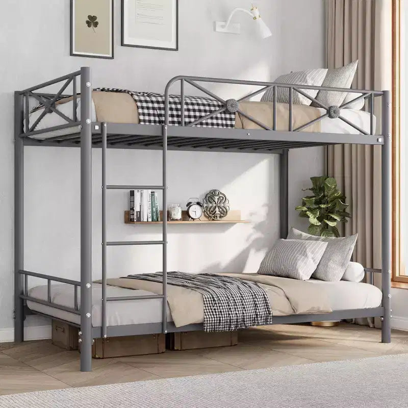 Black / Grey / White Floral Metal Twin Over Twin Bunk Bed for 2