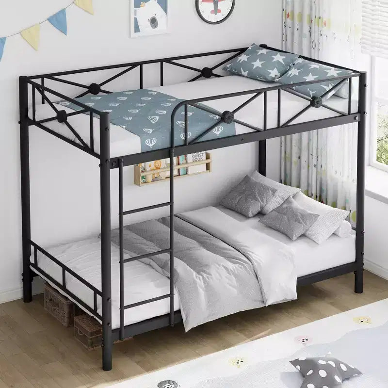 Black / Grey / White Floral Metal Twin Over Twin Bunk Bed for 2