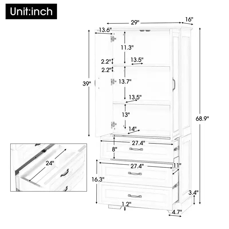 Modern Tall Bathroom Storage Cabinet – Double Doors, Adjustable Shelf & 2 Drawers