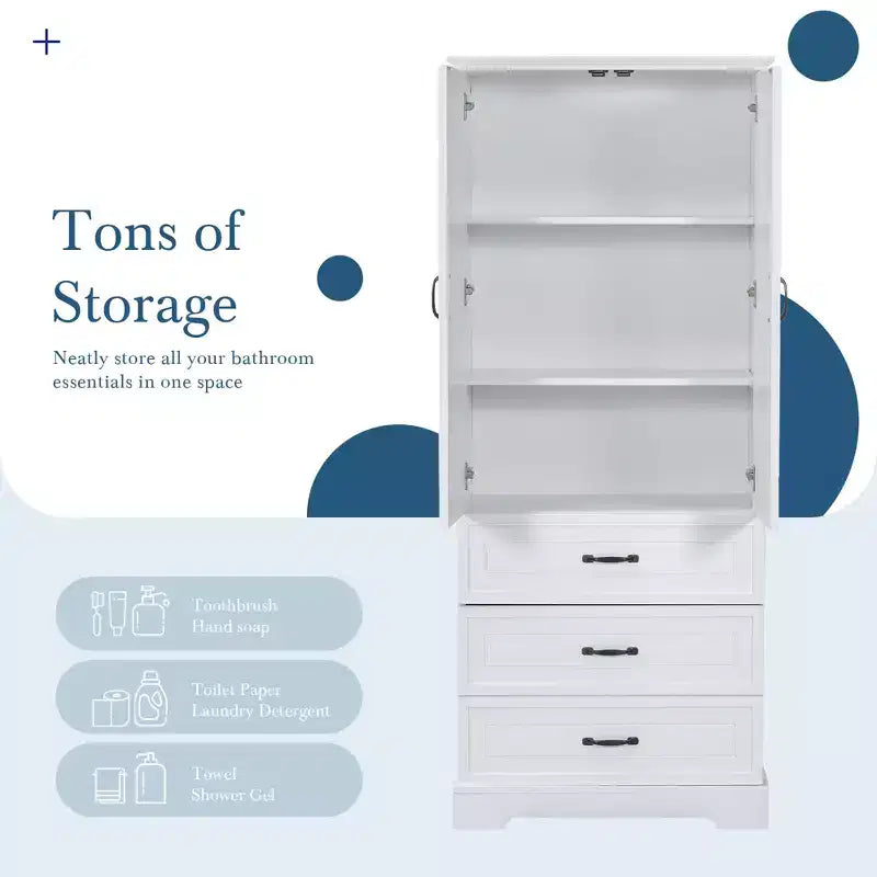 Modern Tall Bathroom Storage Cabinet – Double Doors, Adjustable Shelf & 2 Drawers