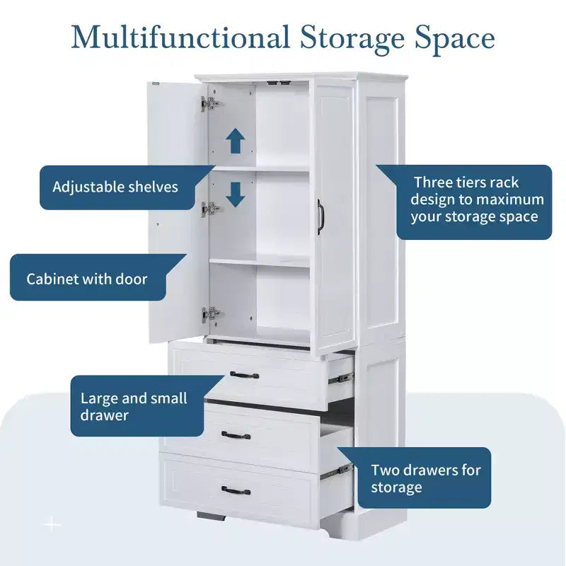 Modern Tall Bathroom Storage Cabinet – Double Doors, Adjustable Shelf & 2 Drawers