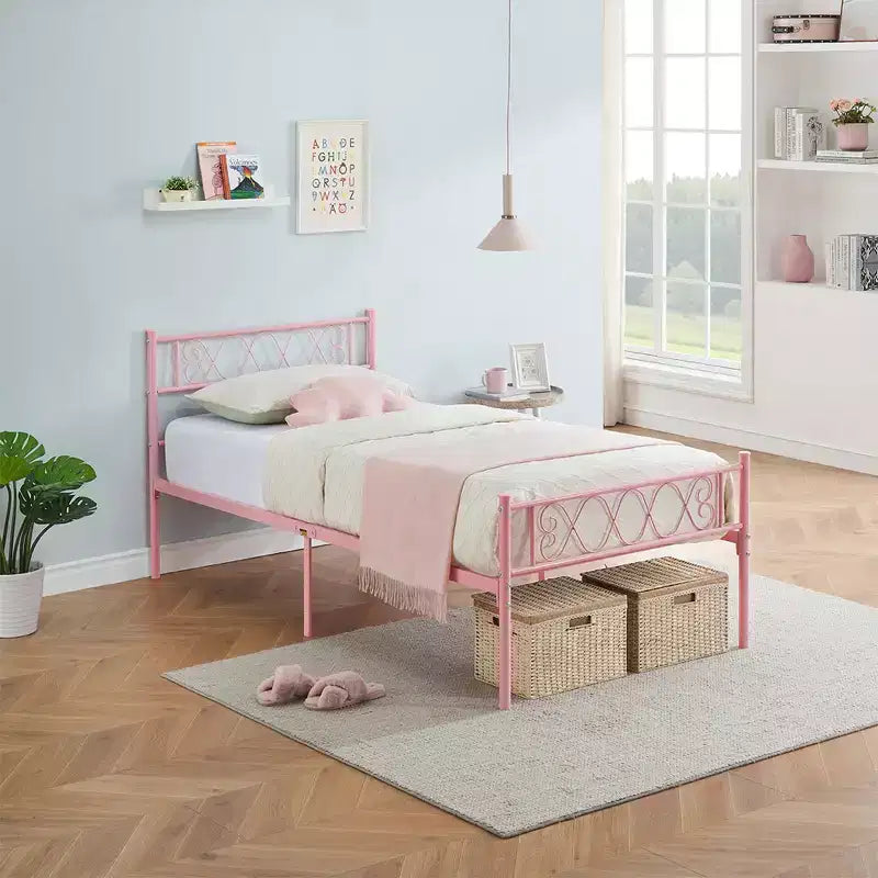 Metal Twin Platform Bed Frame with Headboard & Footboard – No Box Spring, Pink