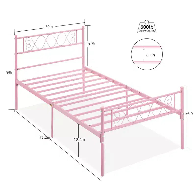 Metal Twin Platform Bed Frame with Headboard & Footboard – No Box Spring, Pink