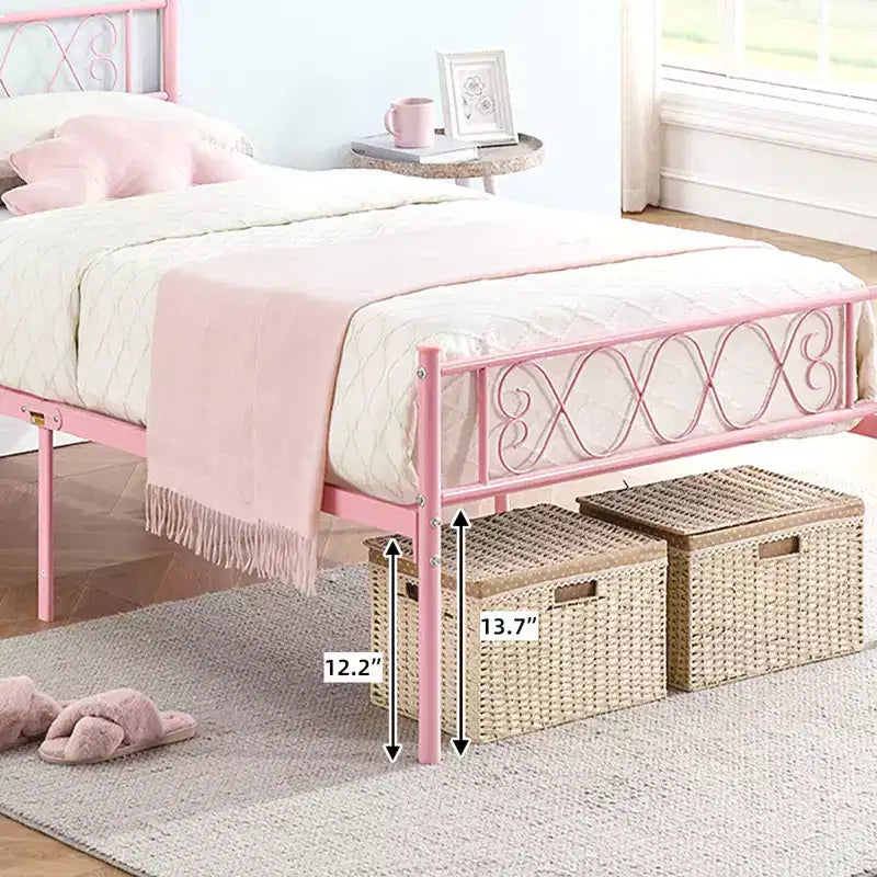 Metal Twin Platform Bed Frame with Headboard & Footboard – No Box Spring, Pink