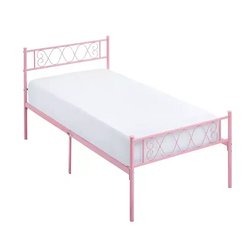 Metal Twin Platform Bed Frame with Headboard & Footboard – No Box Spring, Pink