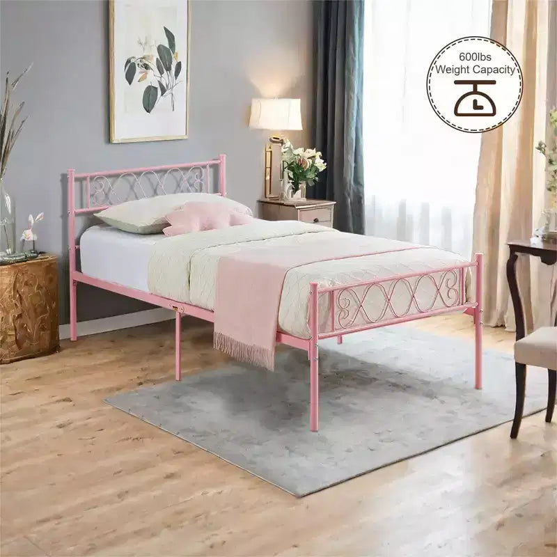 Metal Twin Platform Bed Frame with Headboard & Footboard – No Box Spring, Pink