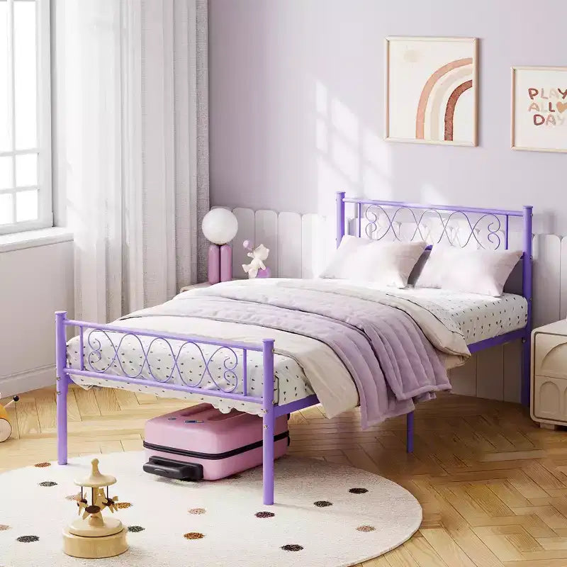 Metal Twin Platform Bed Frame with Headboard & Footboard – No Box Spring, Pink