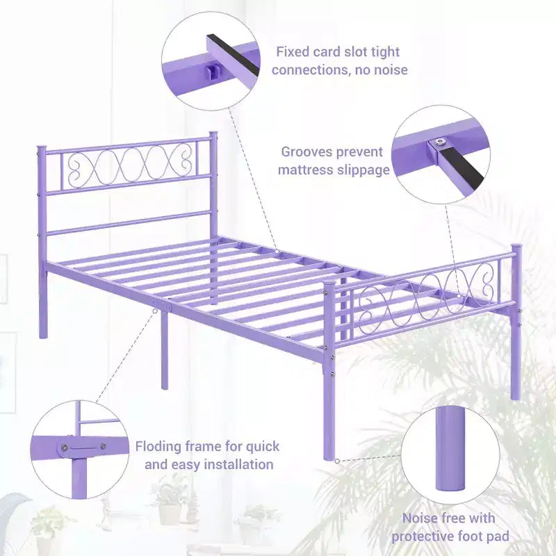 Metal Twin Platform Bed Frame with Headboard & Footboard – No Box Spring, Pink