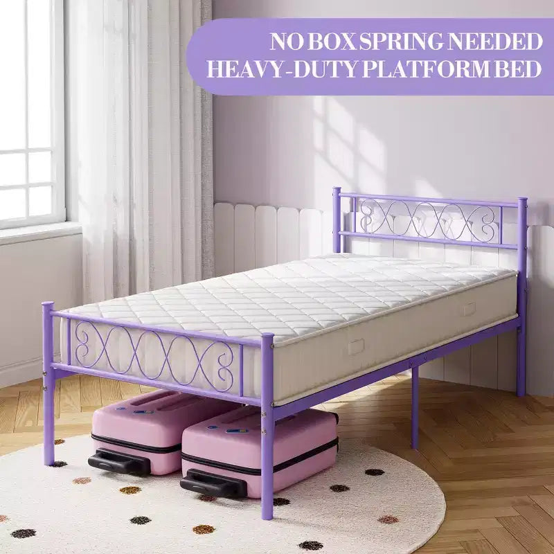 Metal Twin Platform Bed Frame with Headboard & Footboard – No Box Spring, Pink