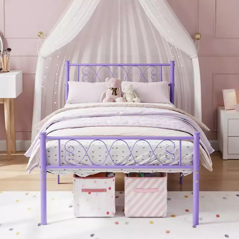 Metal Twin Platform Bed Frame with Headboard & Footboard – No Box Spring, Pink