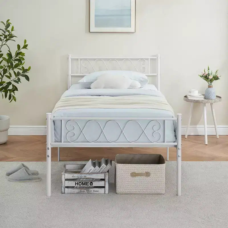 Metal Twin Platform Bed Frame with Headboard & Footboard – No Box Spring, Pink