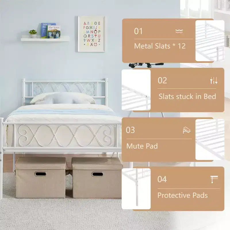 Metal Twin Platform Bed Frame with Headboard & Footboard – No Box Spring, Pink