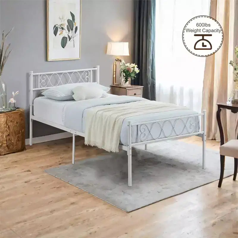 Metal Twin Platform Bed Frame with Headboard & Footboard – No Box Spring, Pink