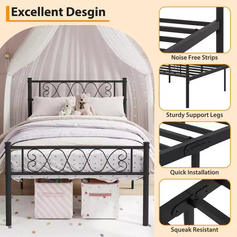 Metal Twin Platform Bed Frame with Headboard & Footboard – No Box Spring, Pink
