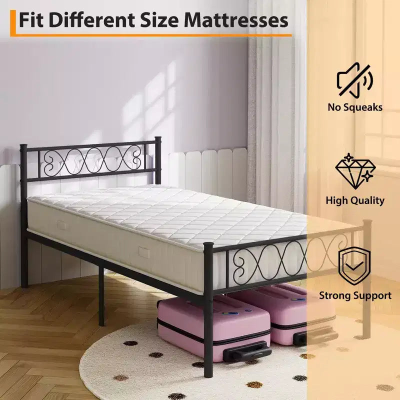 Metal Twin Platform Bed Frame with Headboard & Footboard – No Box Spring, Pink