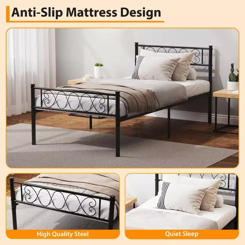 Metal Twin Platform Bed Frame with Headboard & Footboard – No Box Spring, Pink