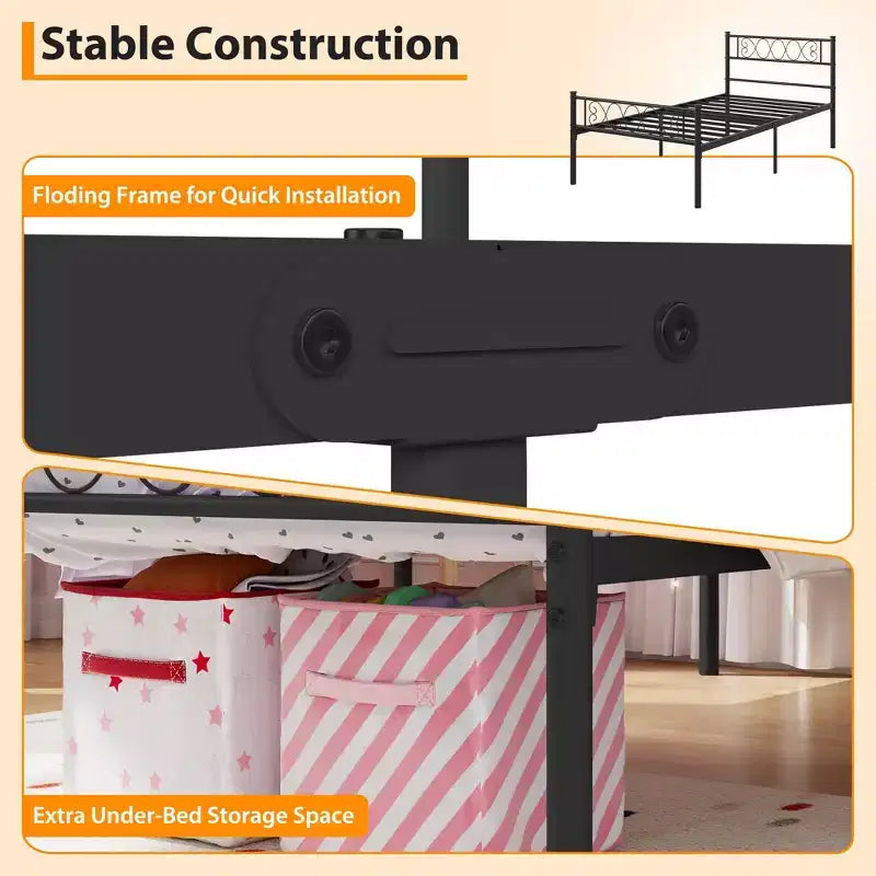 Metal Twin Platform Bed Frame with Headboard & Footboard – No Box Spring, Pink