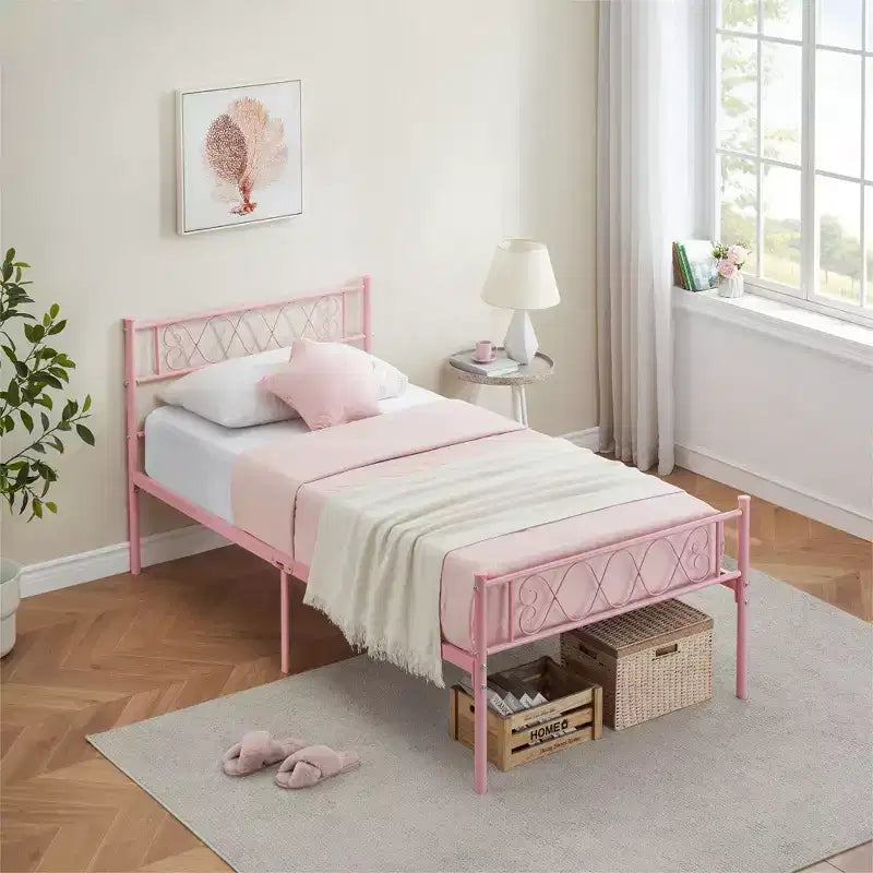 Metal Twin Platform Bed Frame with Headboard & Footboard – No Box Spring, Pink