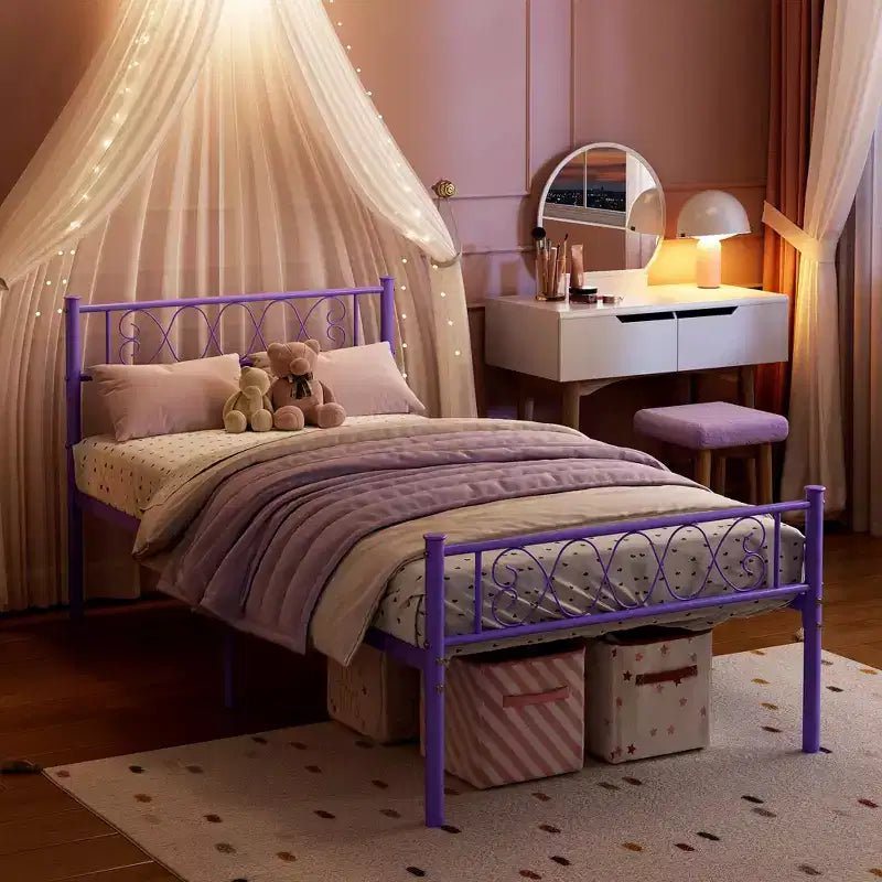 Metal Twin Platform Bed Frame with Headboard & Footboard – No Box Spring, Pink