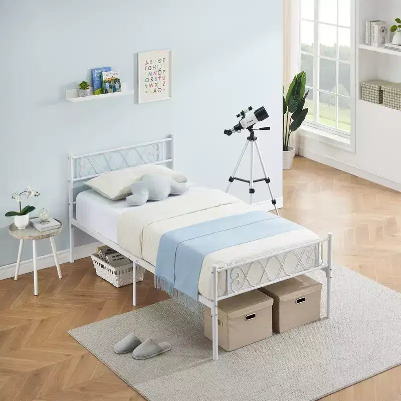 Metal Twin Platform Bed Frame with Headboard & Footboard – No Box Spring, Pink