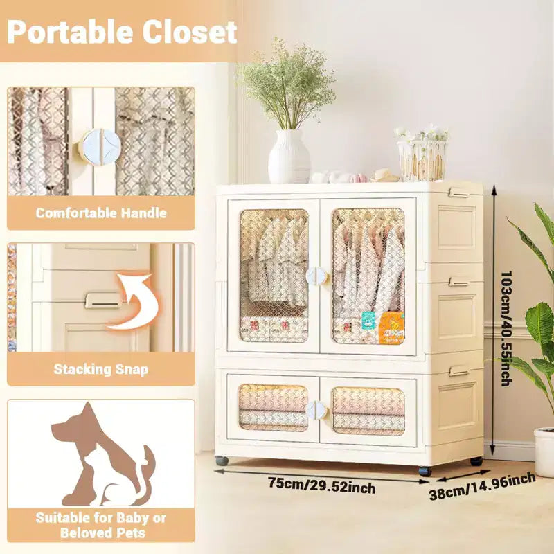 2-Tier Storage Wardrobe with Transparent Doors & Rolling Bins – Collapsible