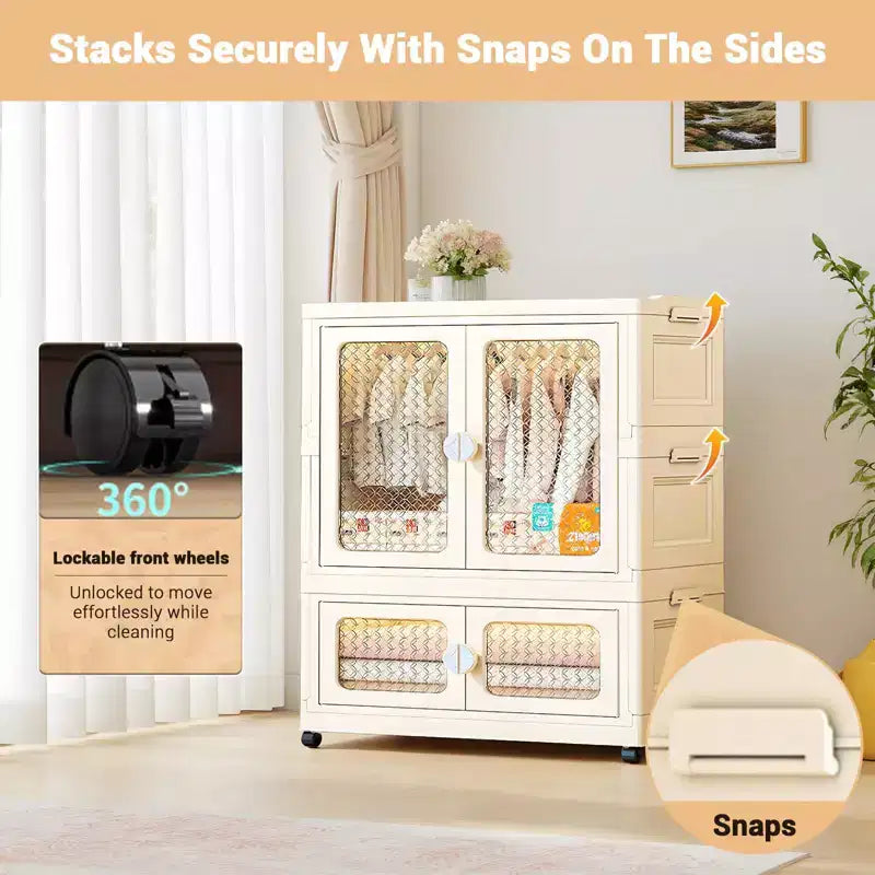 2-Tier Storage Wardrobe with Transparent Doors & Rolling Bins – Collapsible