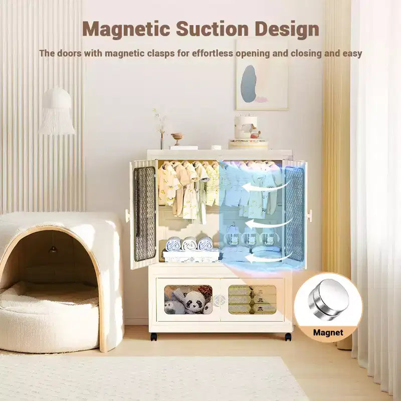 2-Tier Storage Wardrobe with Transparent Doors & Rolling Bins – Collapsible