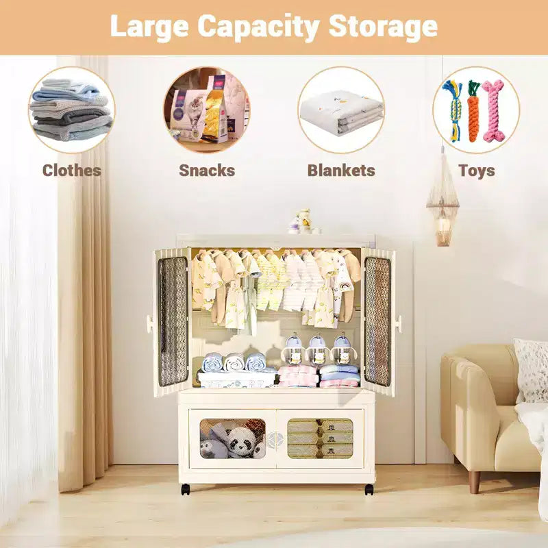 2-Tier Storage Wardrobe with Transparent Doors & Rolling Bins – Collapsible